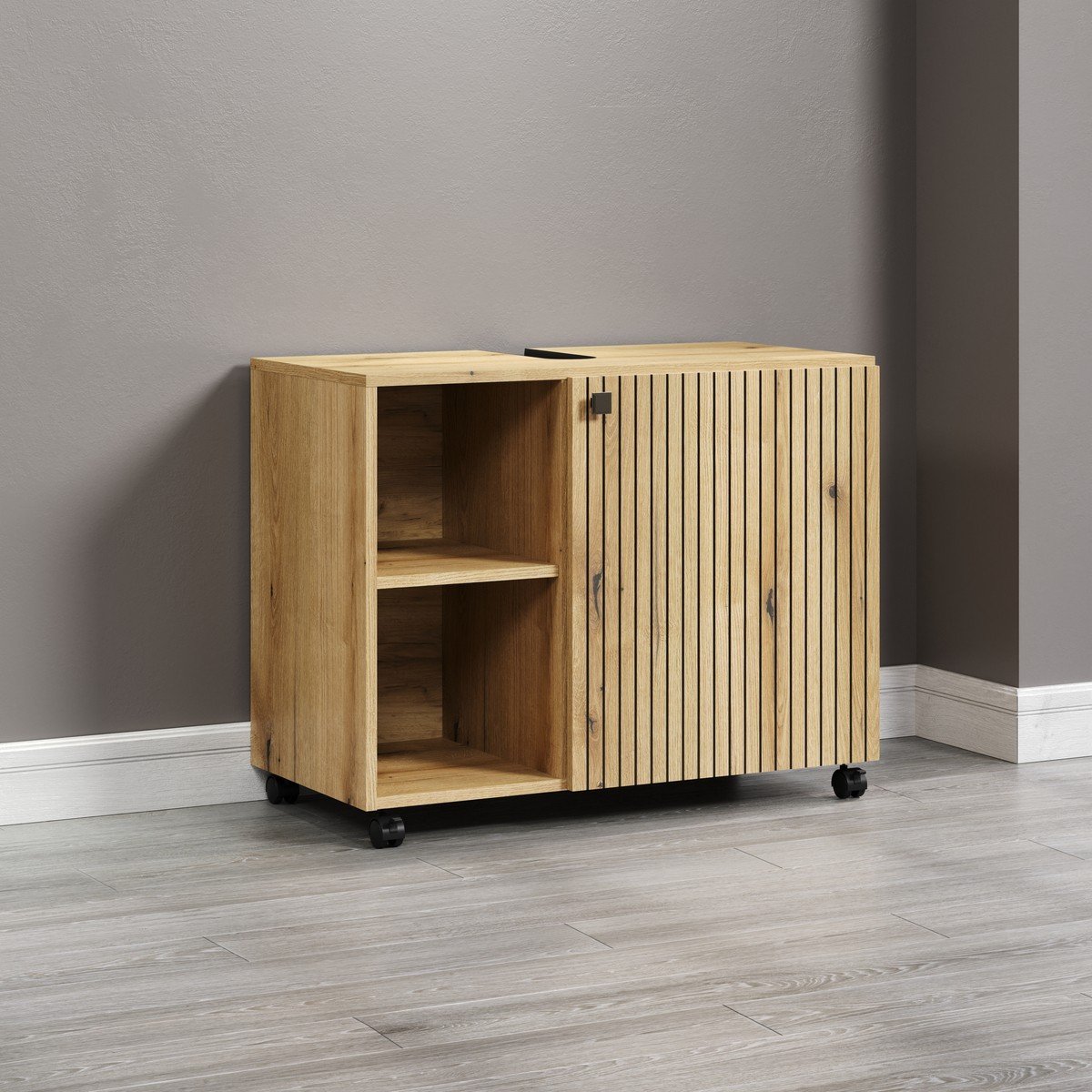 Meuble sous vasque sur roulettes 1 porte et 2 niches L80 cm - PUREBLISS chêne blond et noir mat, CALICOSY