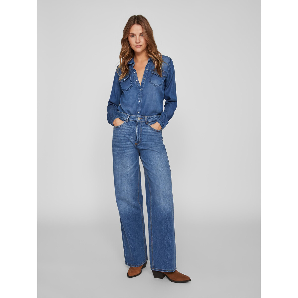 Chemise en denim, manches longues denim bleu foncé, VILA