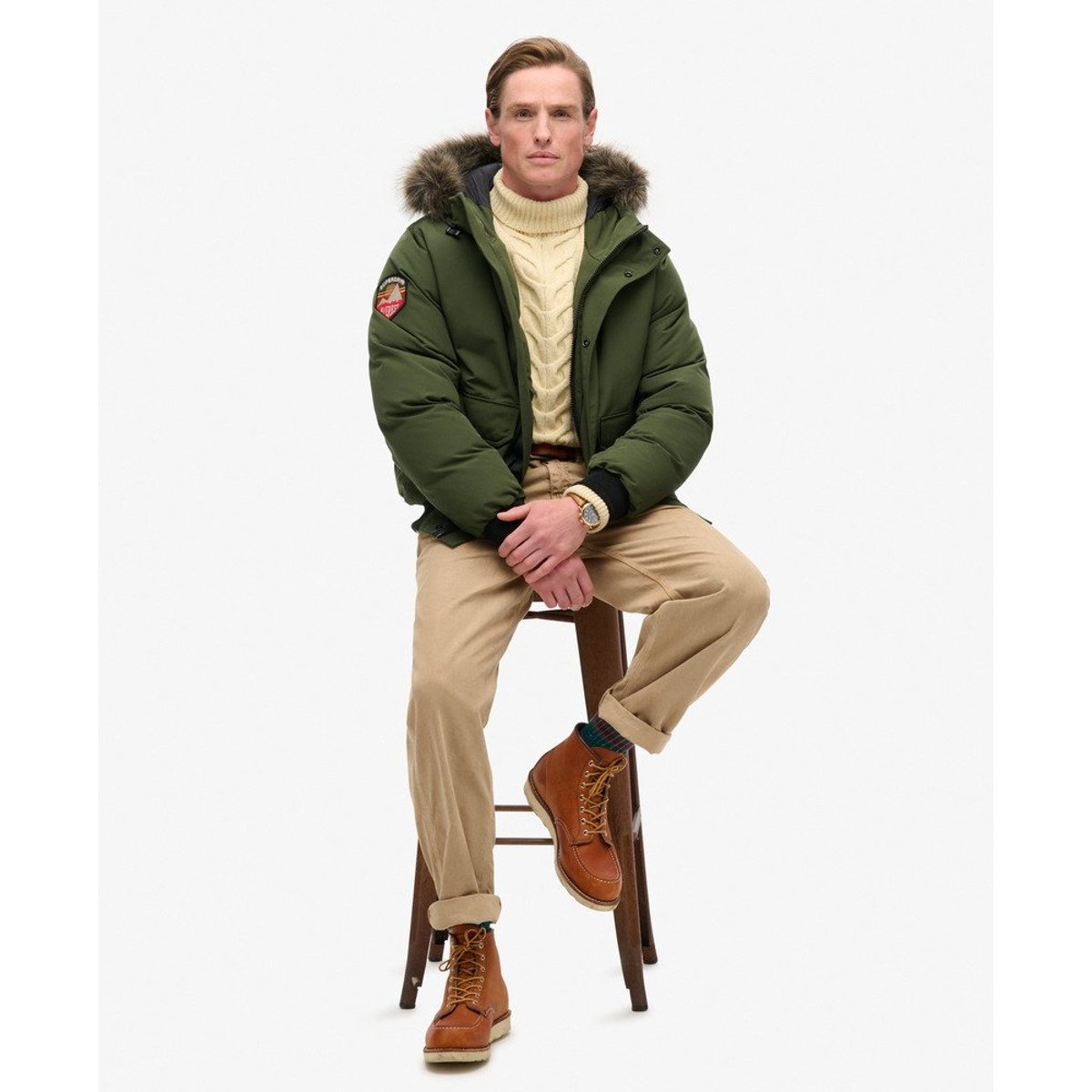 Blouson Bomber Everest en imitation Fourrure kaki, SUPERDRY