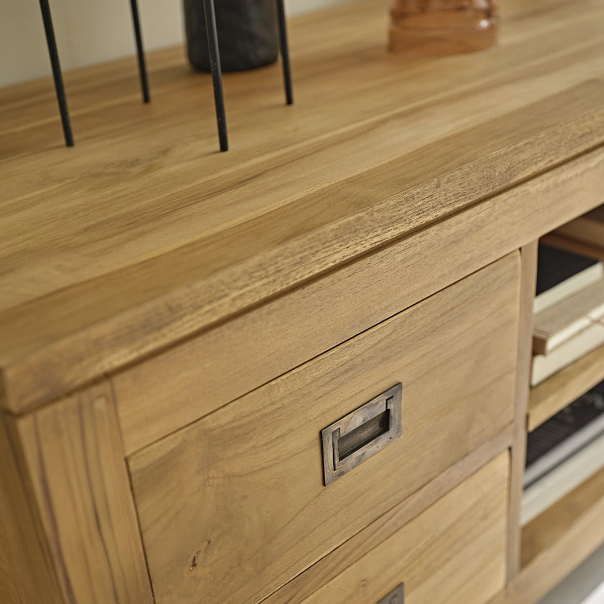 Meuble TV en bois de teck 120 cm 4 tiroirs BOSTON naturel, BERAH GETAH