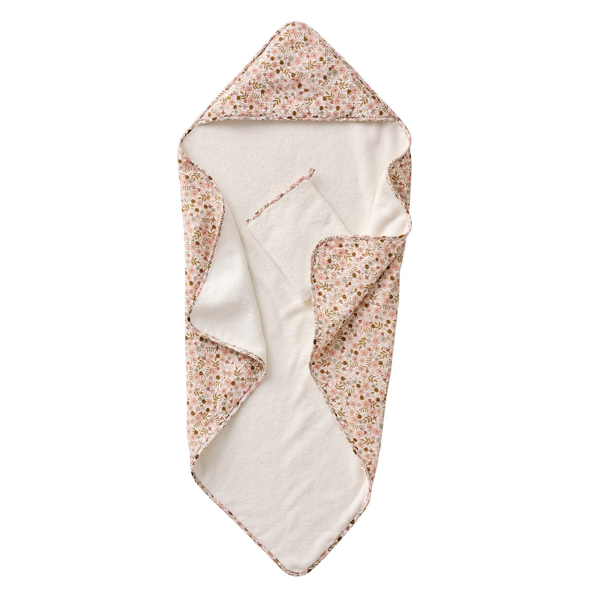 Cape de bain gaze de coton + gant de toilette FLORA blanc imprimé, VERTBAUDET