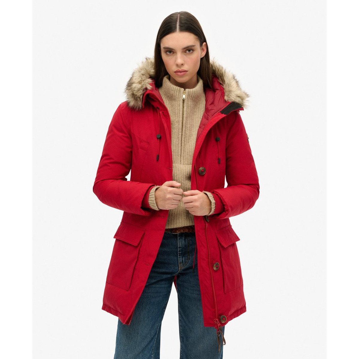 Parka à capuche en duvet imitation fourrure piment, SUPERDRY