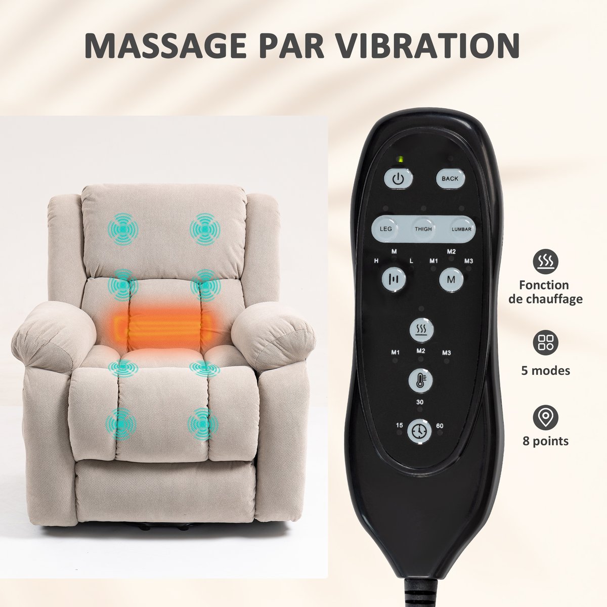 Fauteuil releveur multifonctionnel Velours beige, HOMCOM