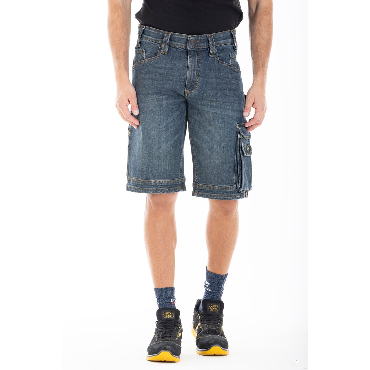 Bermuda de travail multi-poches stretch dirty DENIM bleu, RICA LEWIS