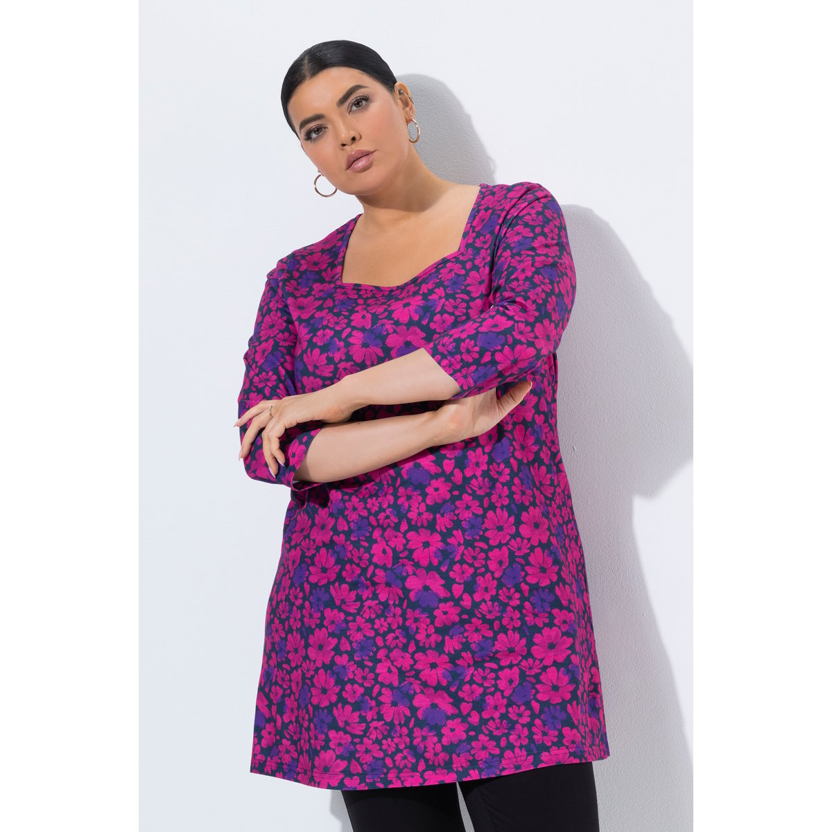 T-shirt long motif à fleurs marine, ULLA POPKEN