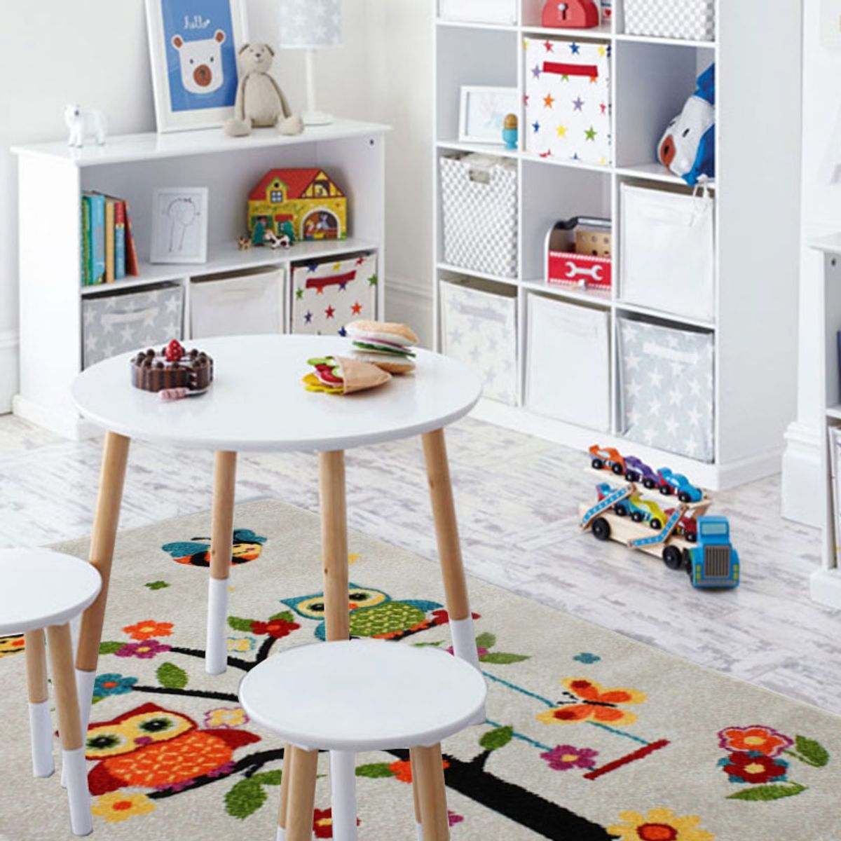Tapis enfant toucher doux laineux CHOUETTES blanc, THE DECO FACTORY