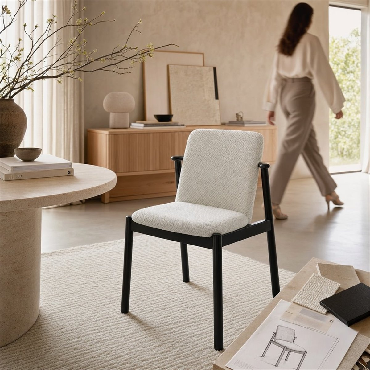 Chaise en hêtre massif et tissu noir et blanc, RECOLLECTION