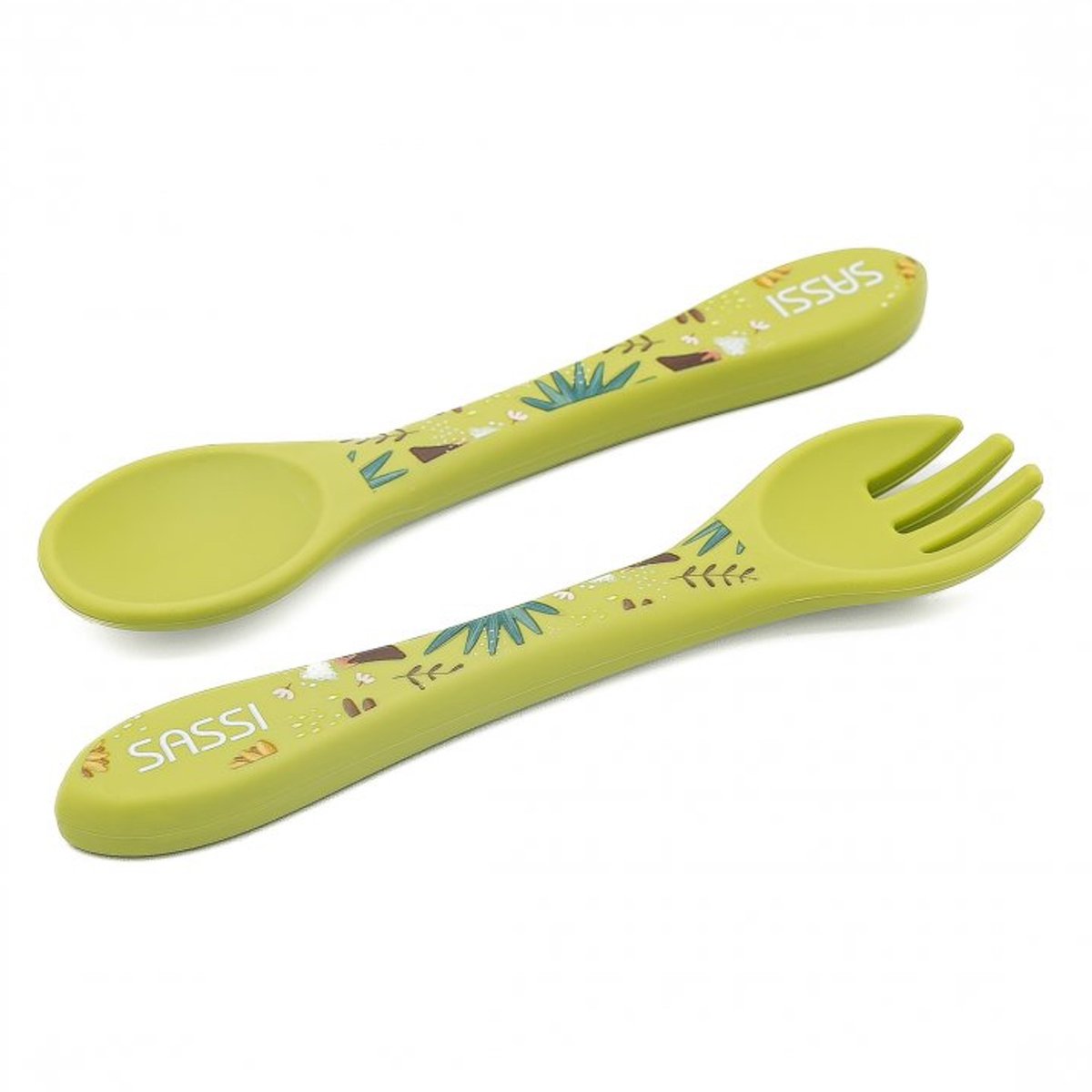 Set fourchette et cuillère en silicone ANIMAUX vert, SASSI
