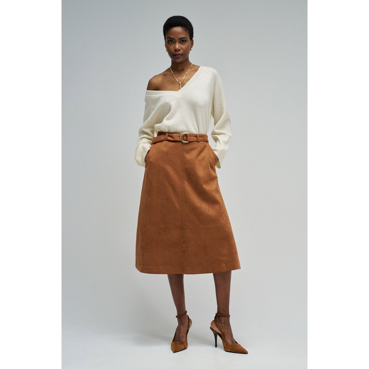 JUPE MIDI EFFET SUEDE marron, SALSA JEANS