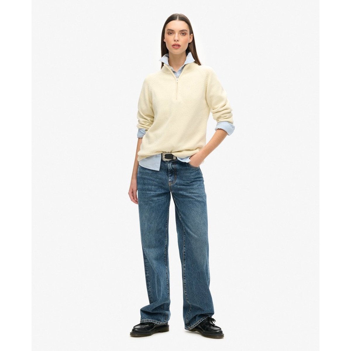 Pull Classic Cotton Knit Half Zip Coupe Décontractée écru, SUPERDRY