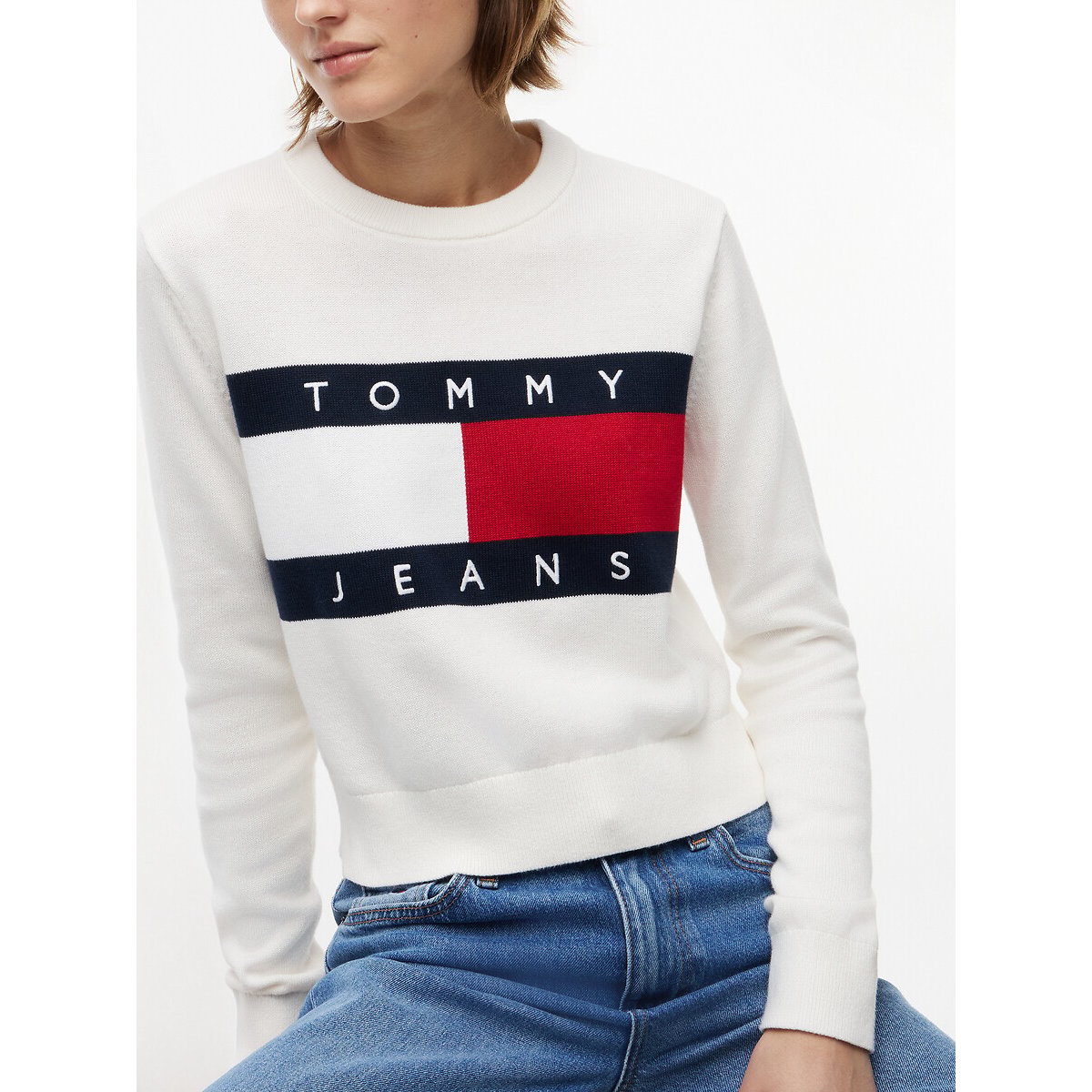 Pull col rond logo ecru, TOMMY JEANS