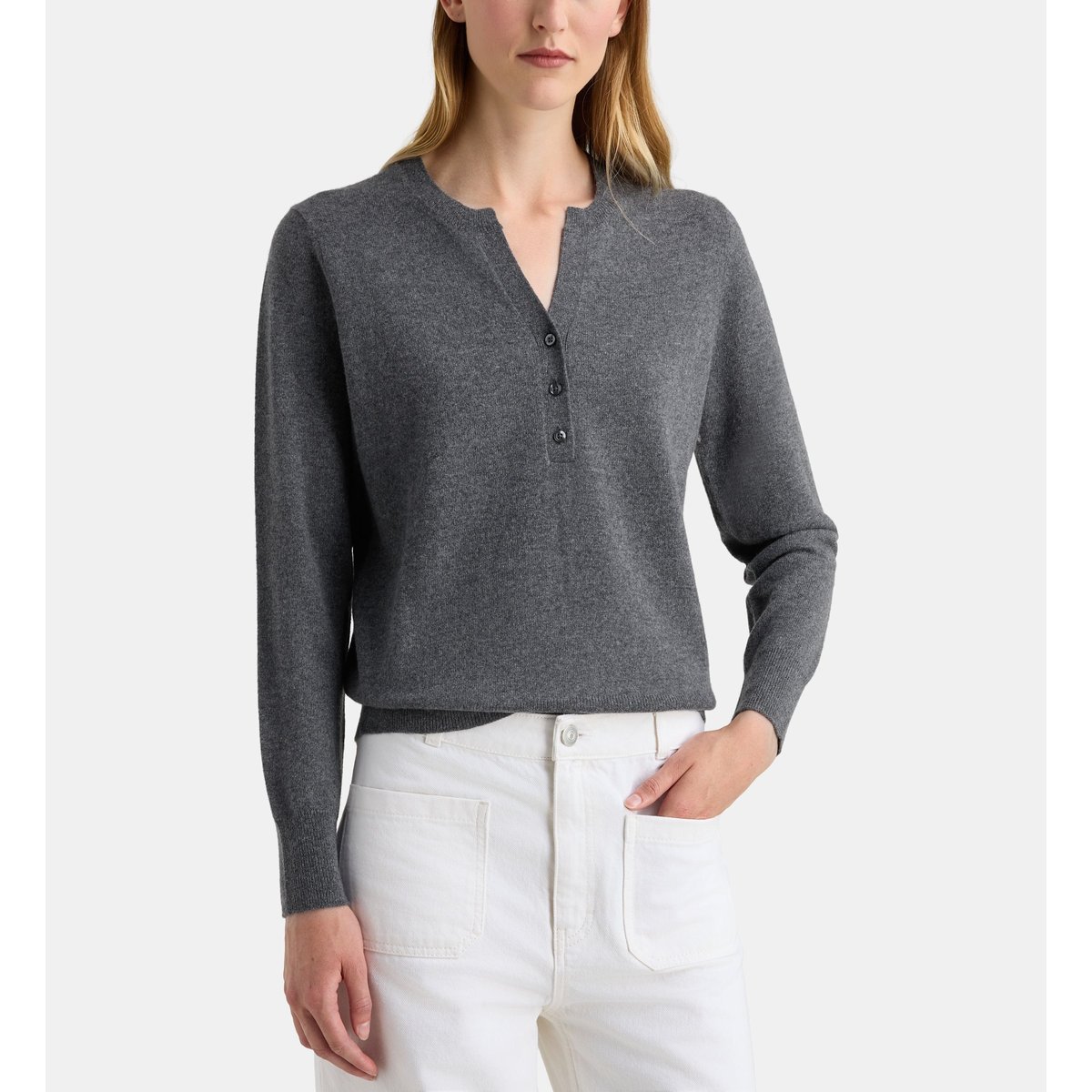 Pull droit fanfan col rond découpe v cachemire gris foncé, GALERIES LAFAYETTE