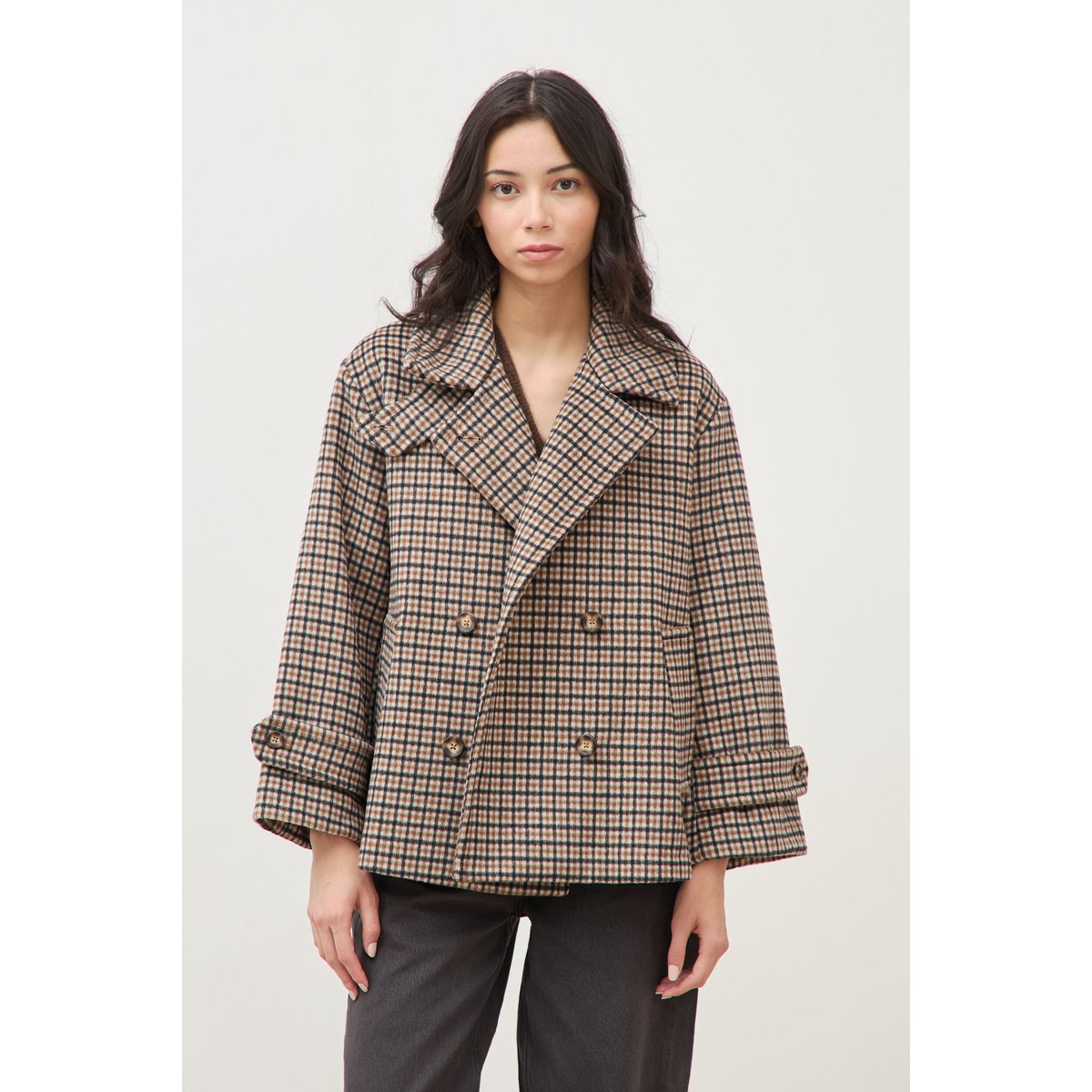 Caban oversize court col tailleur marron, BONOBO