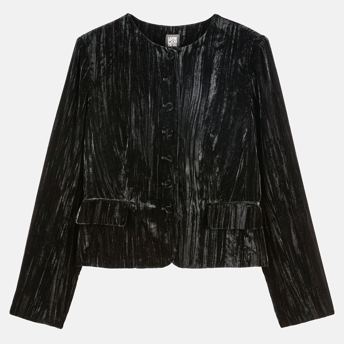 Casaco curto, de gola redonda, em veludo martelado preto , LA REDOUTE COLLECTIONS