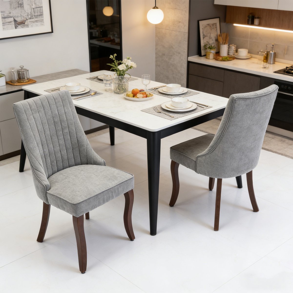 Lot de 2 chaises de salle à manger en tissu chenille avec pieds bois, GERRYB gris, MEUBLES COSY