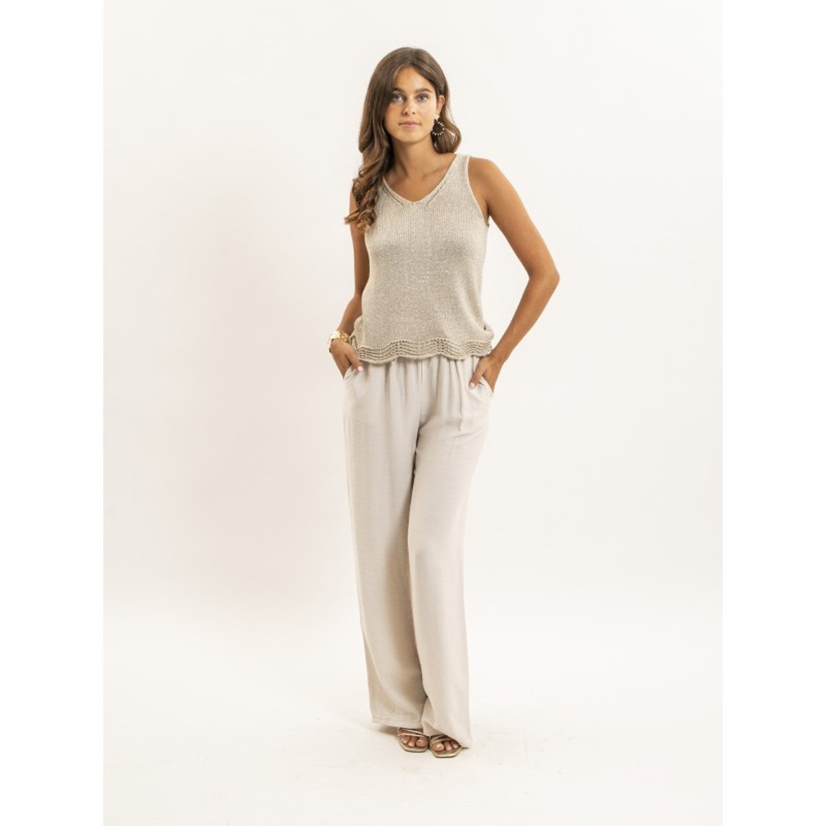 Top Sans Manches Maille Fil textile Kenatra beige, DONA LISA