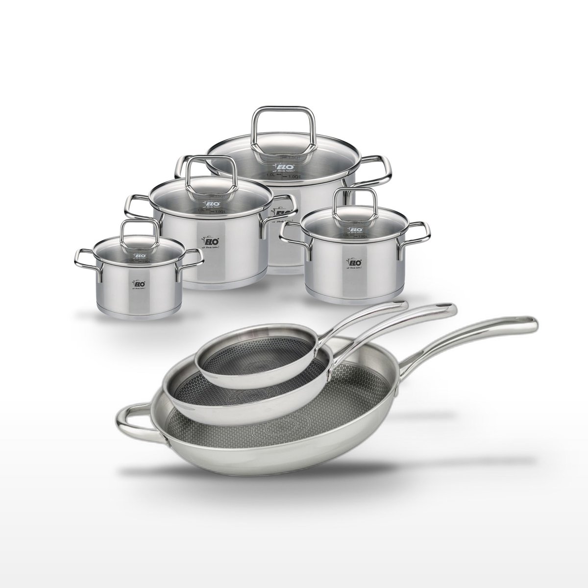 3 poêles 24/28/32cm + 4 faitouts 12/14/16/20cm RELIEF EVOLUTION inox, ELO