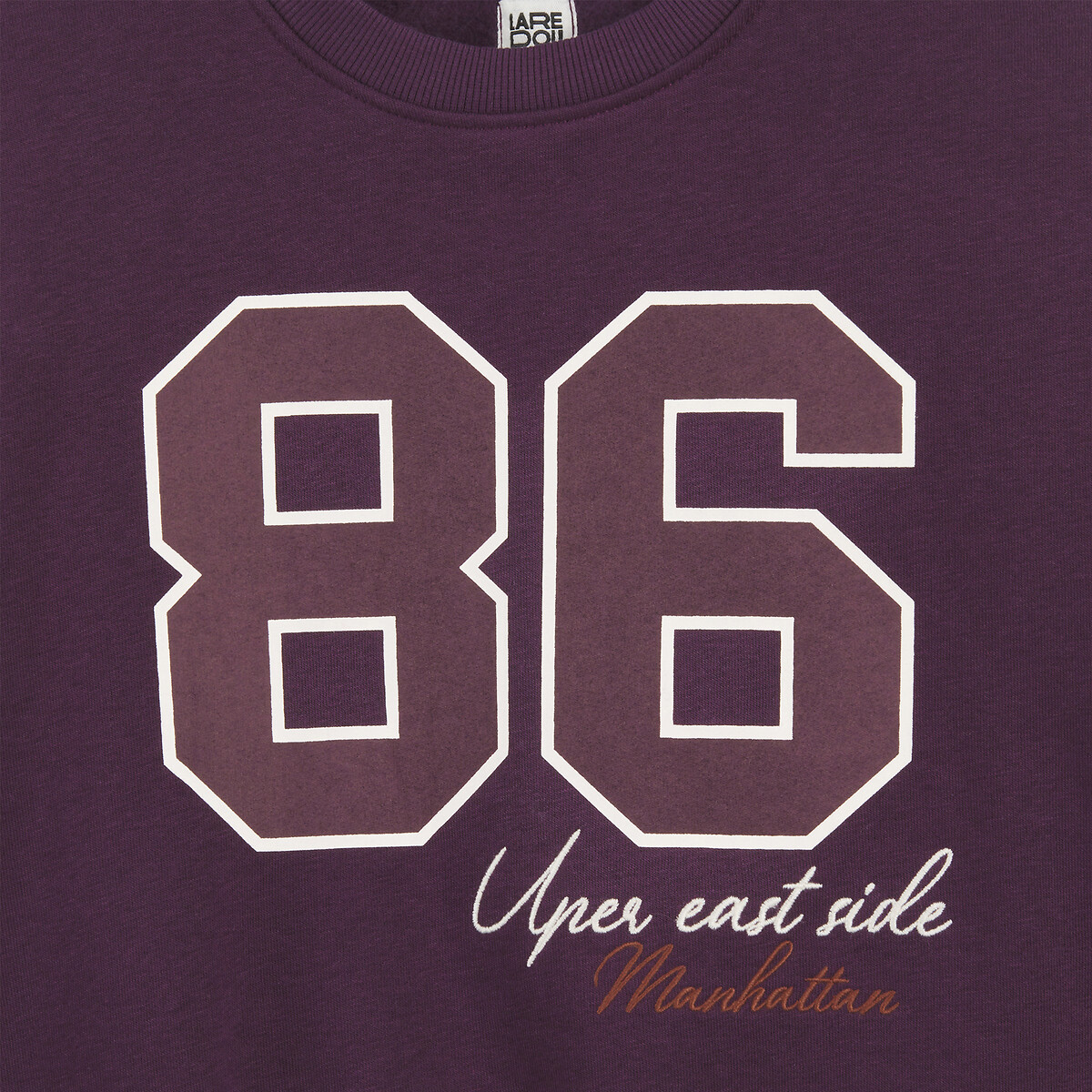 Printed Fleece Sweatshirt with Embroidery and Crew Neck burgundy, LA REDOUTE COLLECTIONS
