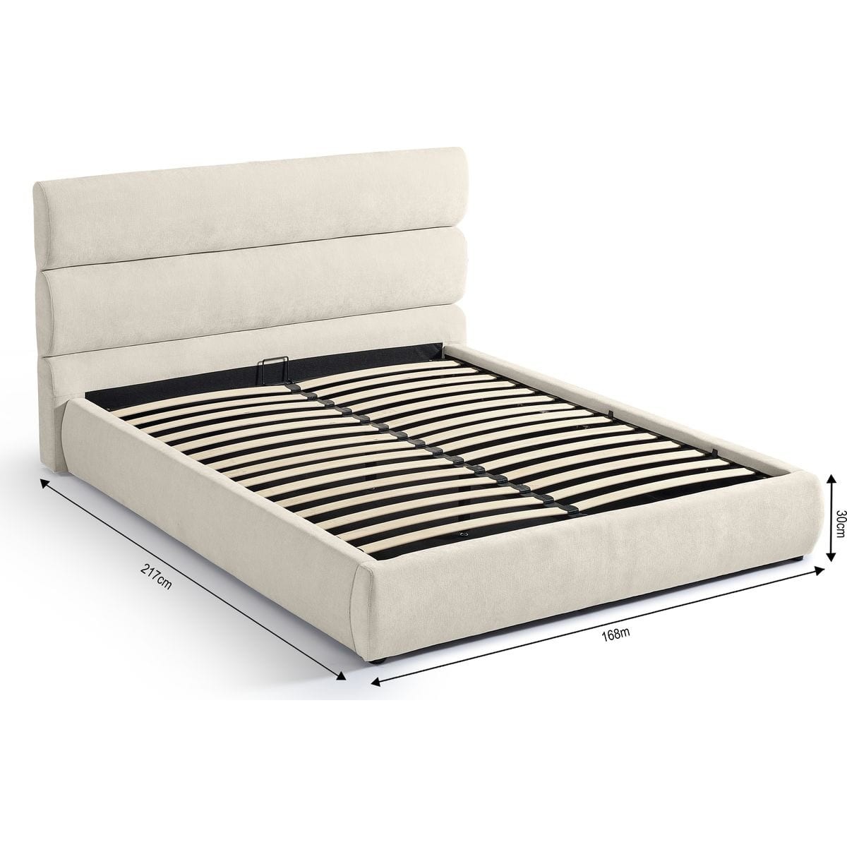 Lit coffre adulte avec tête de lit capitonnée en tissu chenille - SIMON beige, HOMIFAB