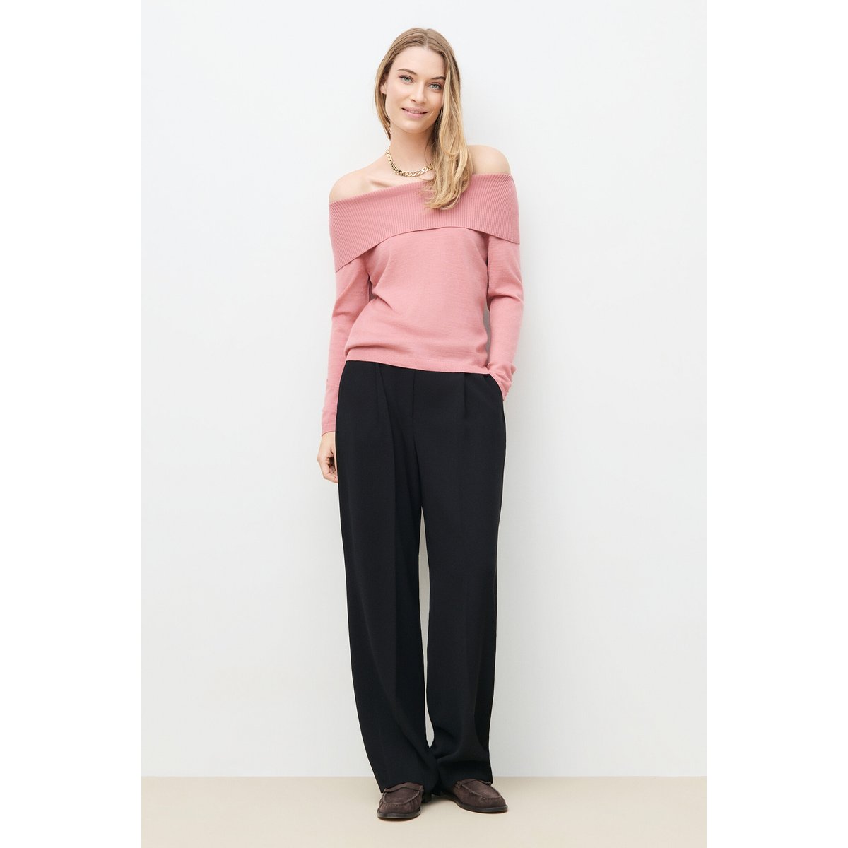 Pull droit col châle MARGE vieux rose, CAROLL