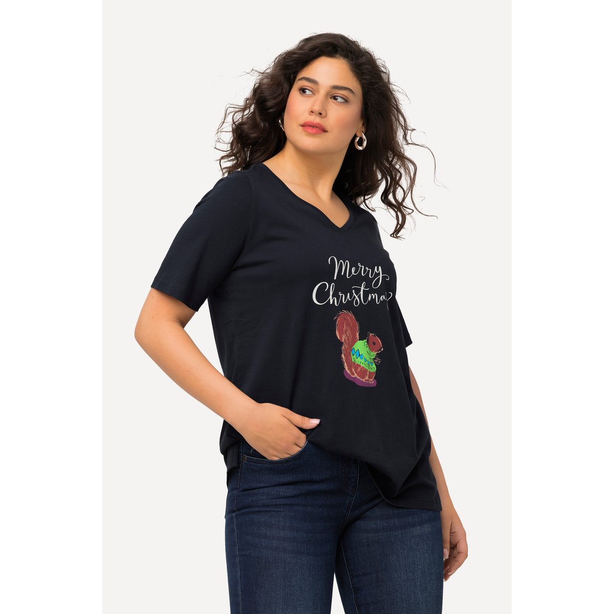 T-shirt de Noël à manches courtes et col V marine, ULLA POPKEN