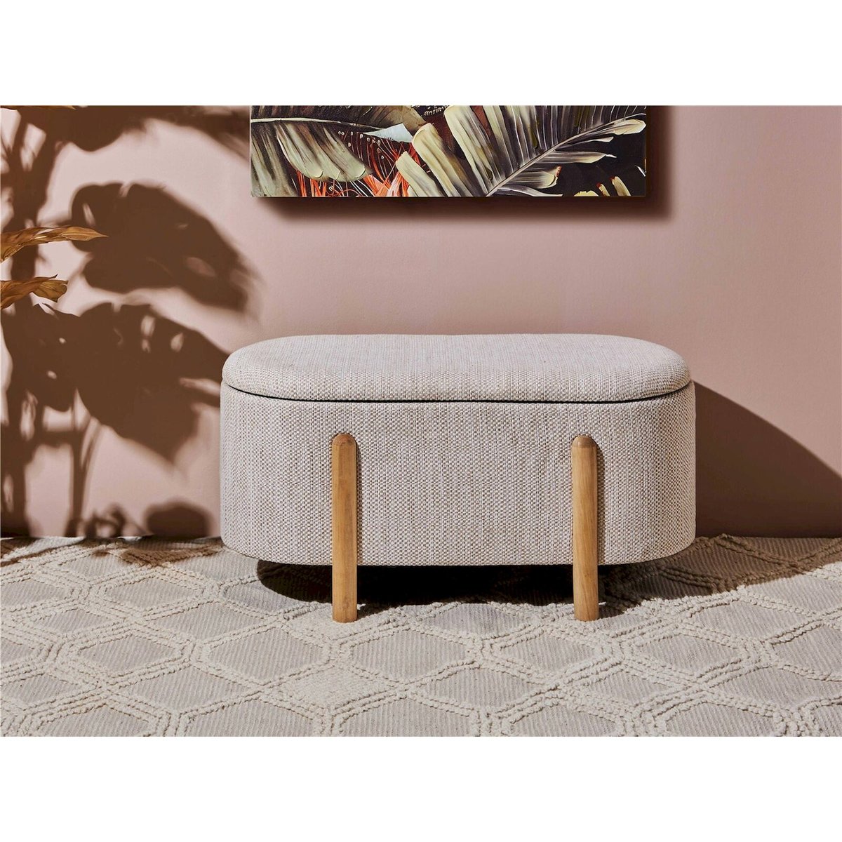 Banc coffre en bois, tissu bouclette beige naturel et bois clair, RECOLLECTION