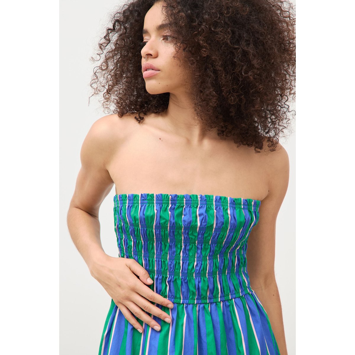 Robe bretelles col carré en coton bleu, BONOBO
