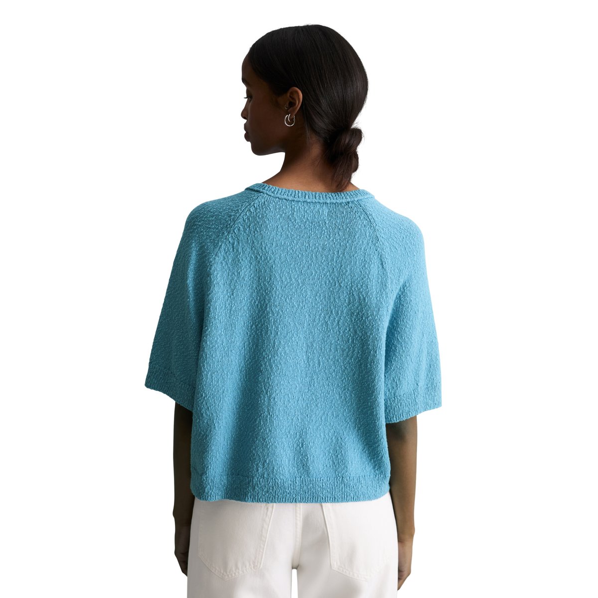 Pull à manches courtes regular en fil Cotton Slub bleu clair, MARC O’POLO DENIM