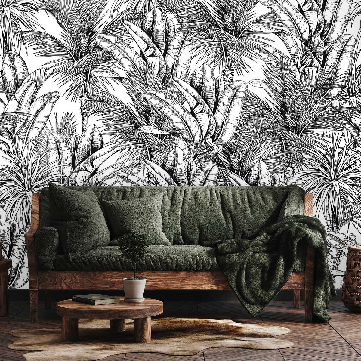 Papier peint panoramique feuilles de bananiers n&b intissé, HEXOA
