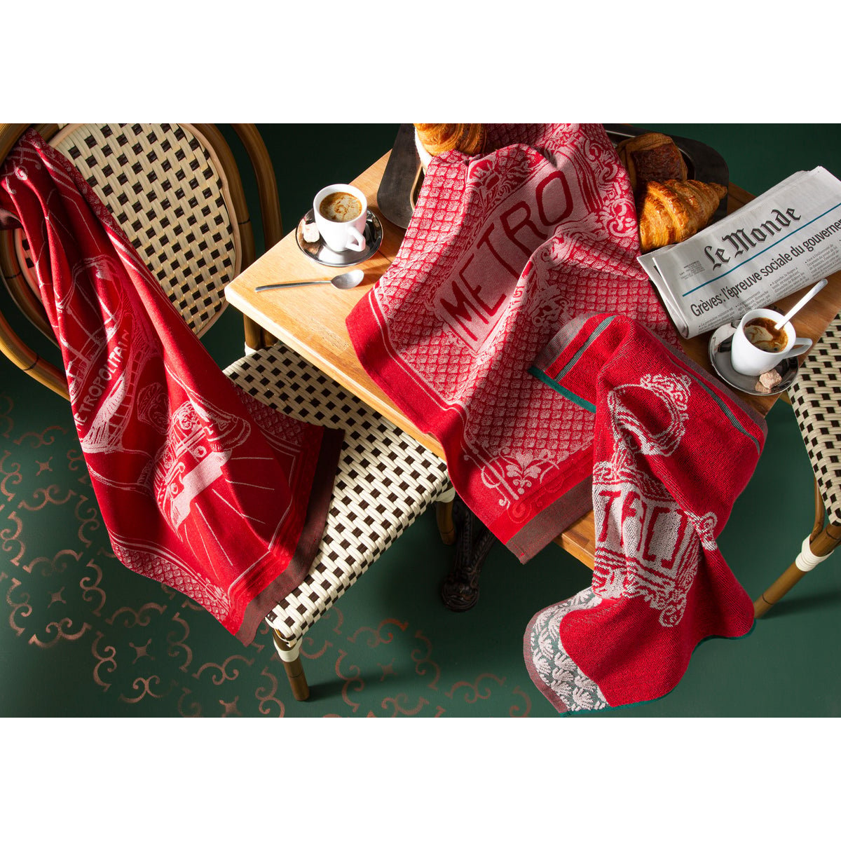 Torchon jacquard en coton PANNEAU MÉTRO rouge, COUCKE