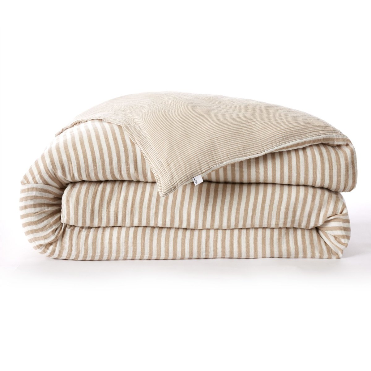 Housse de couette gaze de coton à rayures beige  - NINON beige, TERRE DE NUIT