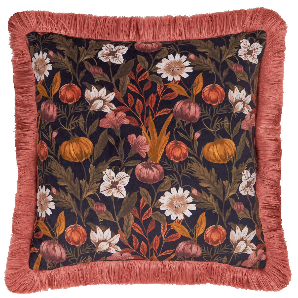Wylder Autumn Garden Fringed Velvet Cushion blue + white + grey, FURN.