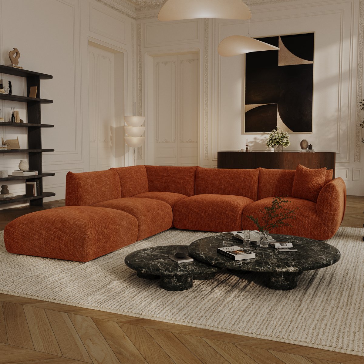 Canapé grand angle gauche modulable 7 places en velours chenillé NOOMA terracotta, SIA HOME