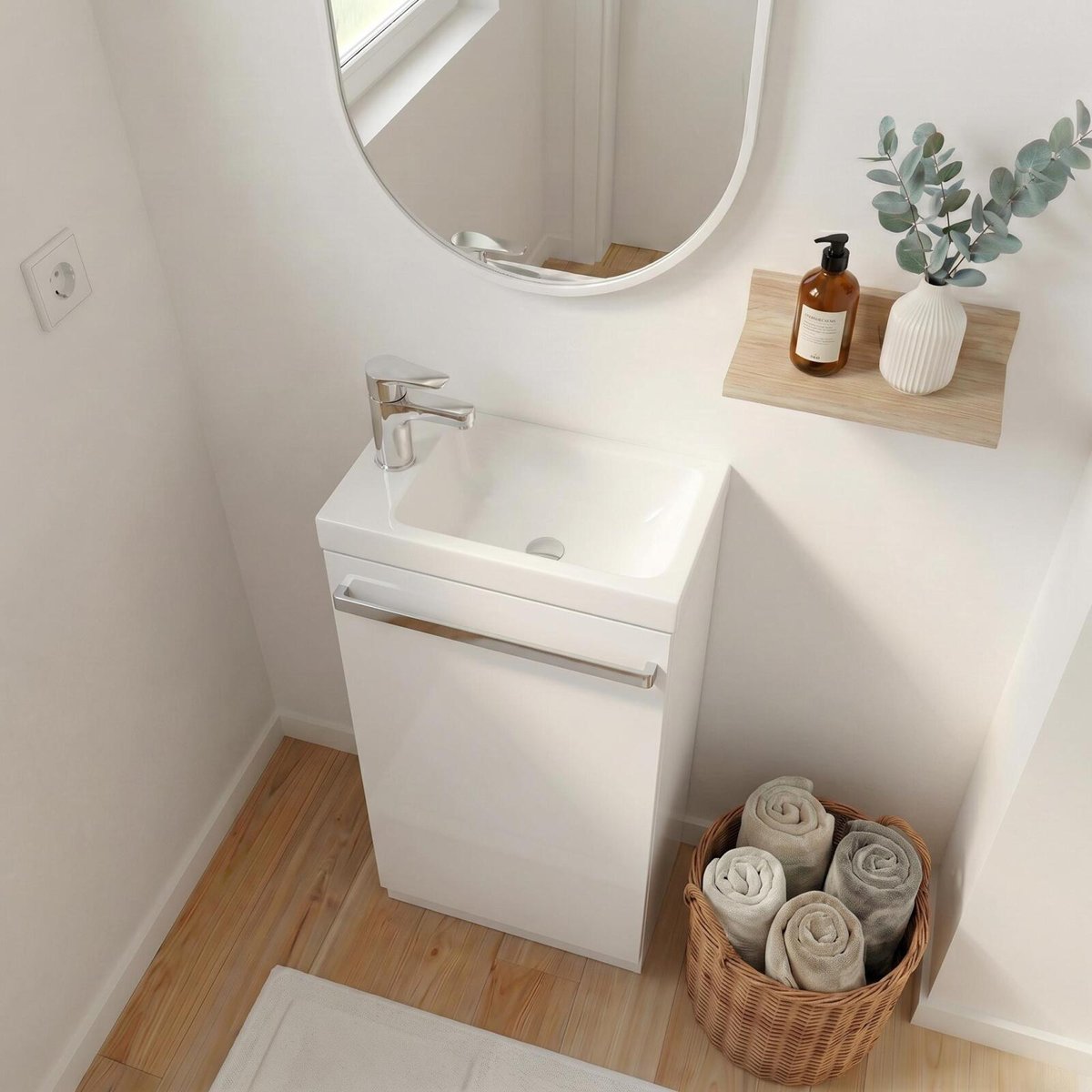 Ensemble lave-mains sur pieds avec robinet et miroir JOHANN blanc satiné, MOB IN
