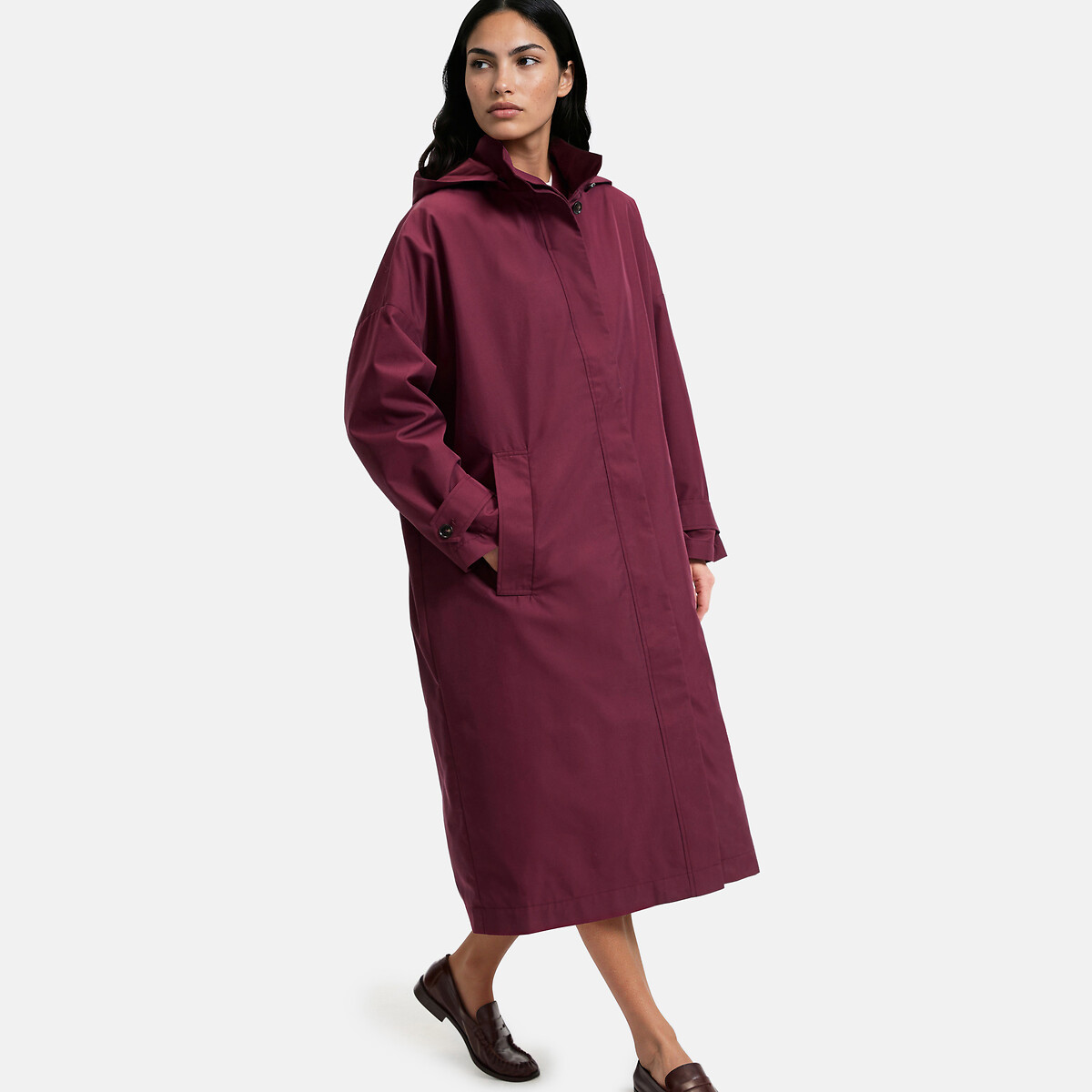 Trench long et ample à capuche amovible rouge bordeaux, LA REDOUTE COLLECTIONS