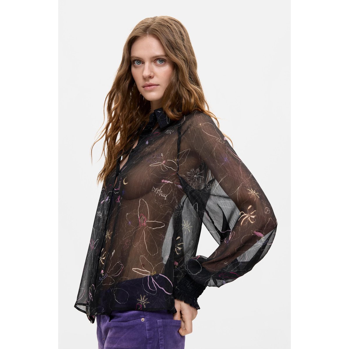 Blouse fleurie transparente noir, DESIGUAL