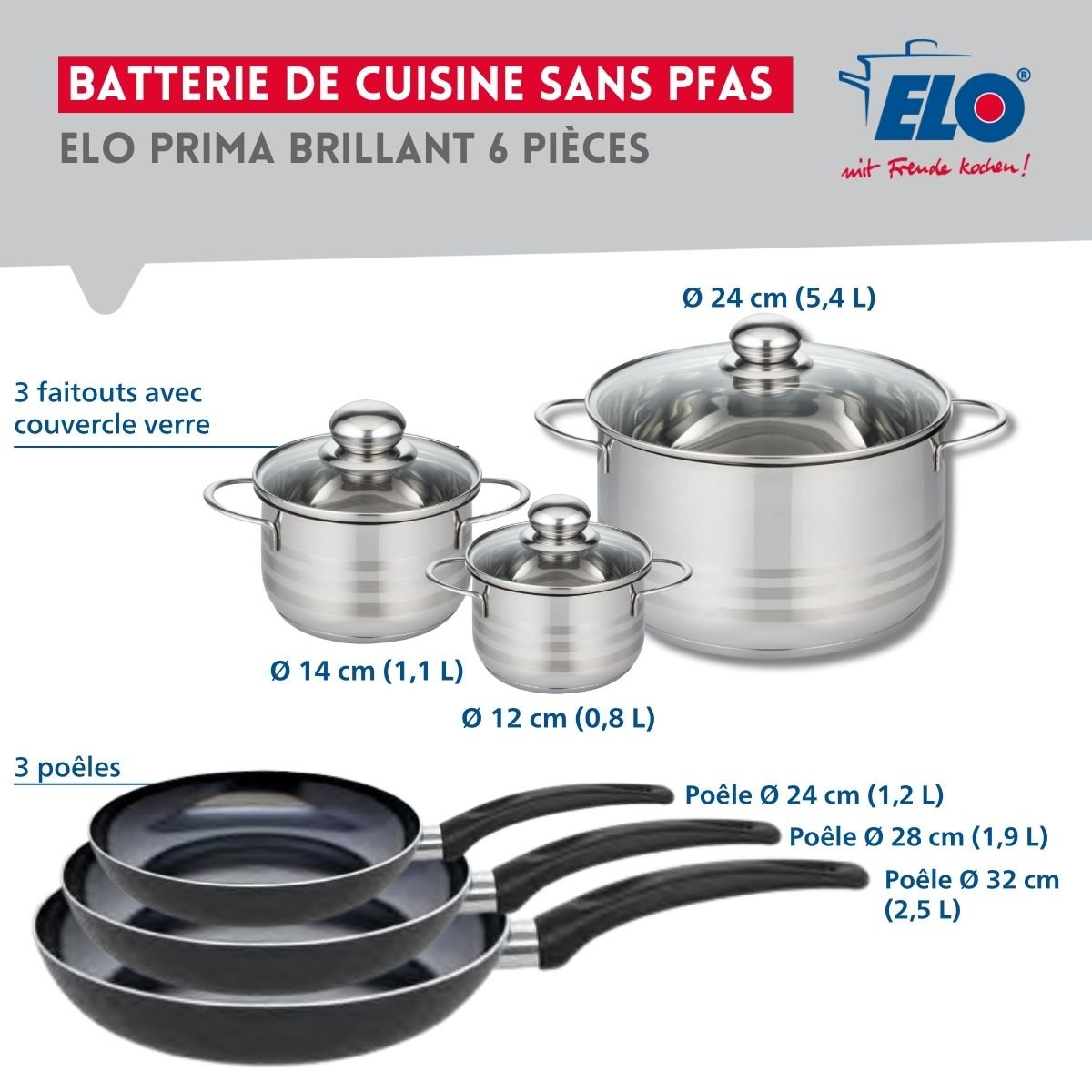 3 poêles 24/28/32cm + 3 faitouts 12/14/24cm PRIMA BRILLANT noir, ELO