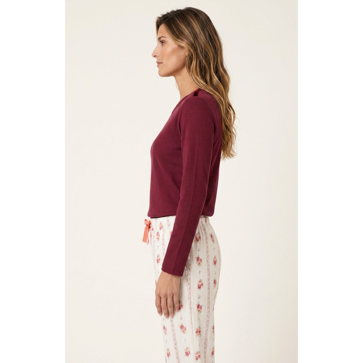 Tee-shirt manches longues en jersey de coton et modal couleur unie Burgundy bordeaux, ARTHUR