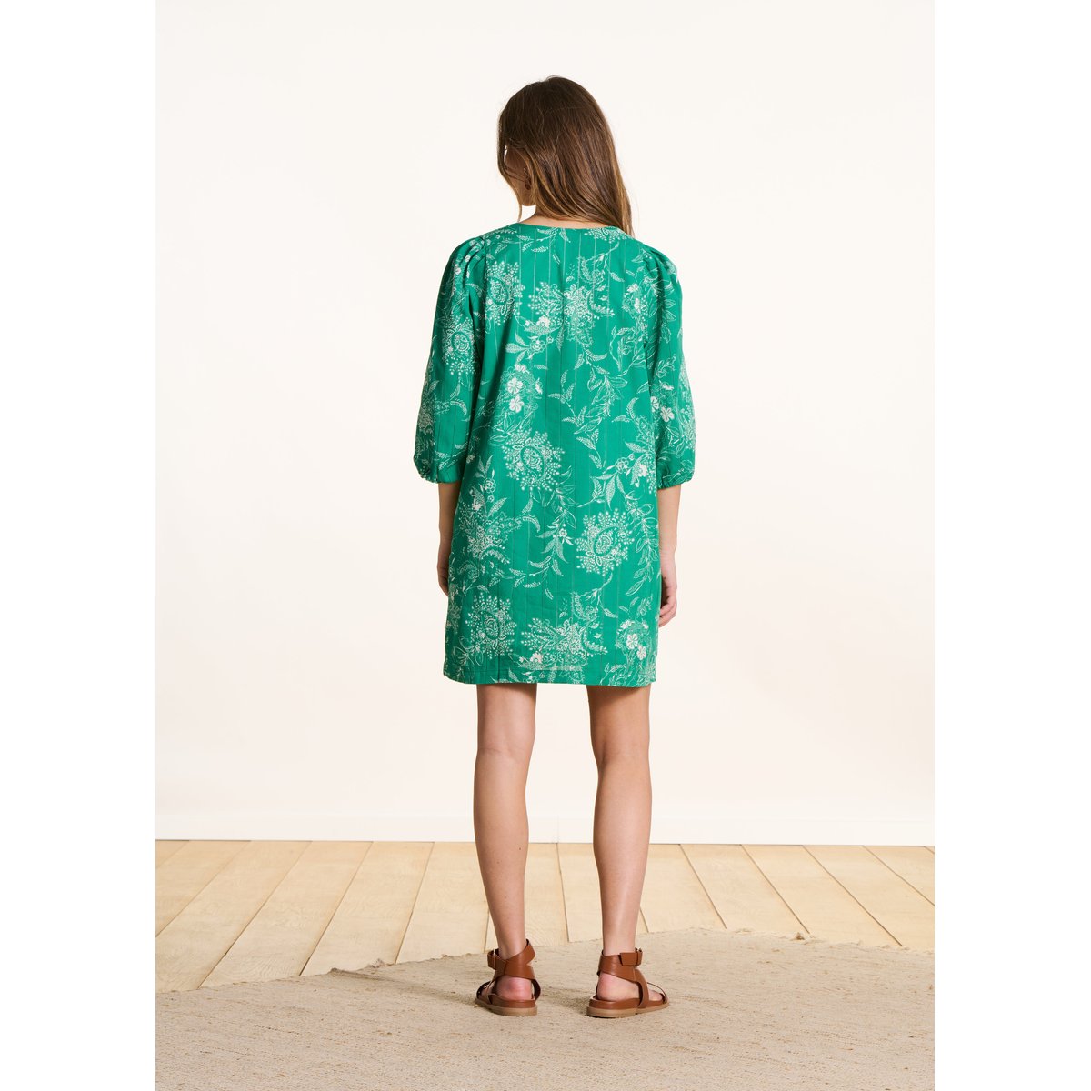 Robe courte fleurie en voile de coton biologique vert ruisseau, LA FEE MARABOUTEE