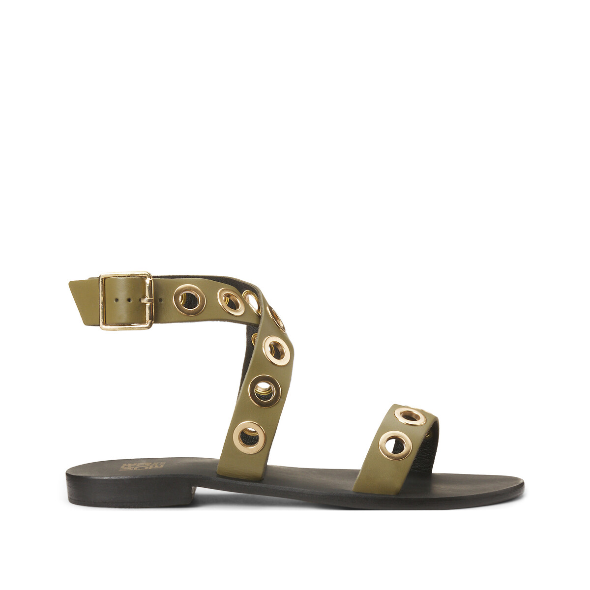 Leather Eyelet Sandals with Ankle Strap khaki, LA REDOUTE COLLECTIONS