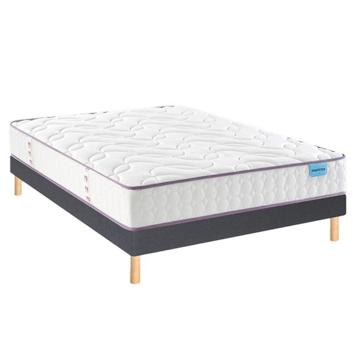Ensemble matelas ressorts ensachés COSY LIT, sommier ferme et pieds blanc, MERINOS