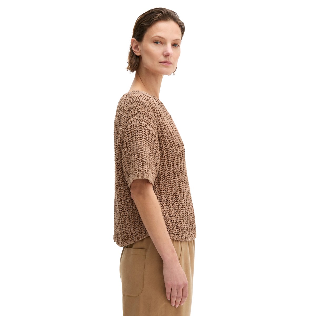 Pull-over en maille à manches courtes boxy en fil à bandelettes marron, MARC O'POLO