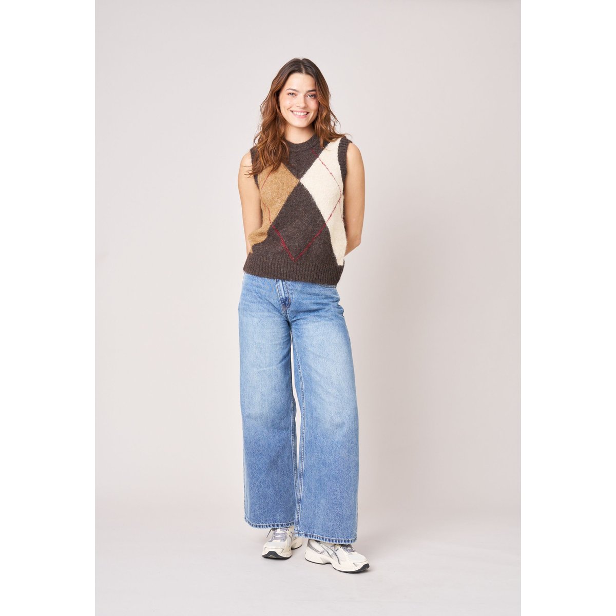 Pull sans manches femme motif losanges BERLIE brown, DEELUXE