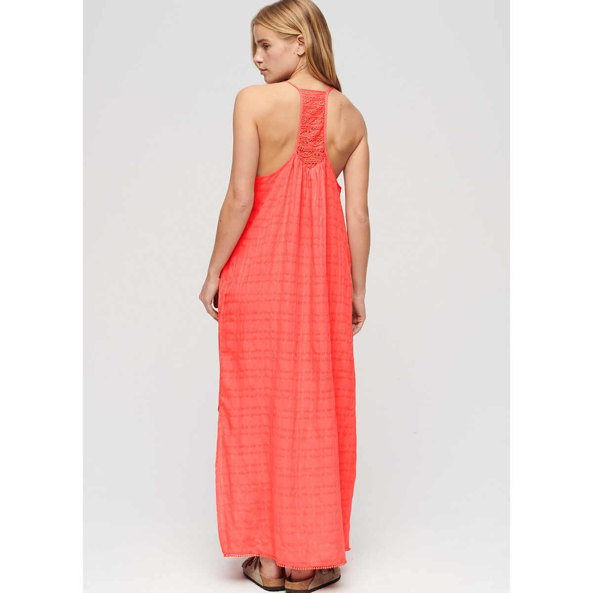 Robe longue empiècement dentelle corail, SUPERDRY