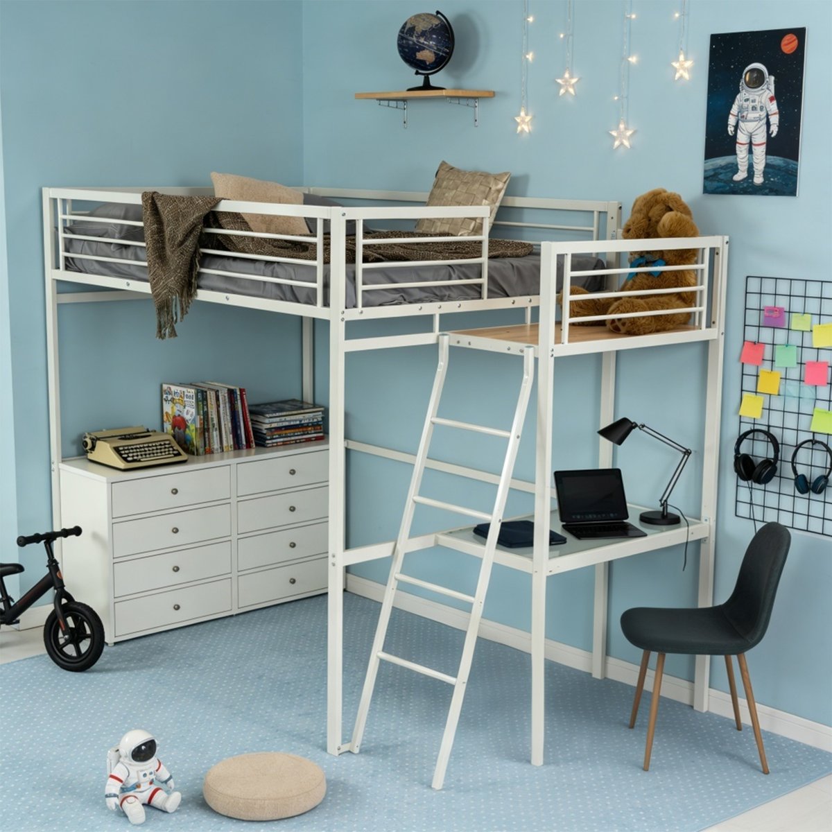 Lit mezzanine Lits superposes en métal sans matelas, LIONEL blanc, MEUBLES COSY
