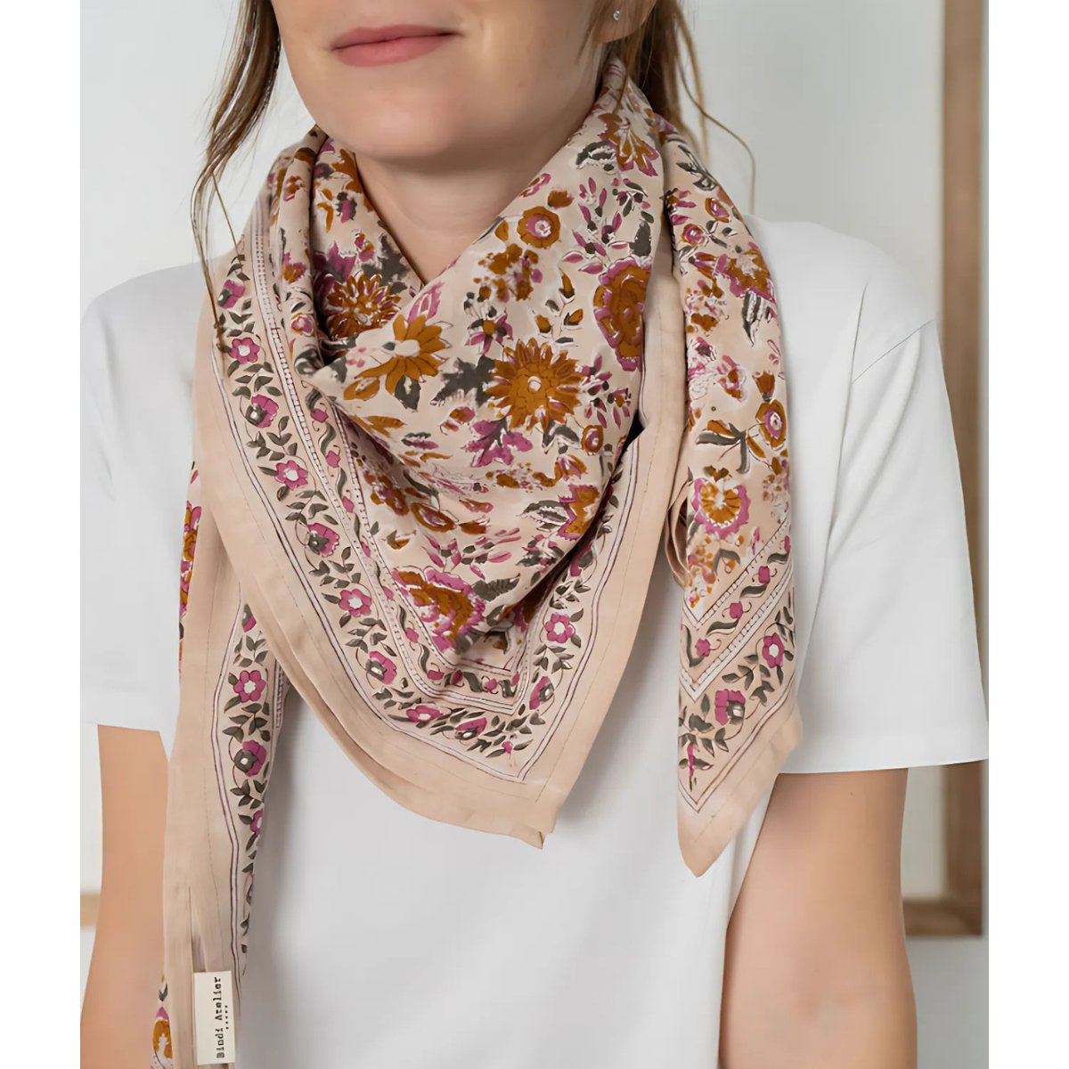 Grand Foulard en coton imprimé GOA rose sorbet, BINDI ATELIER