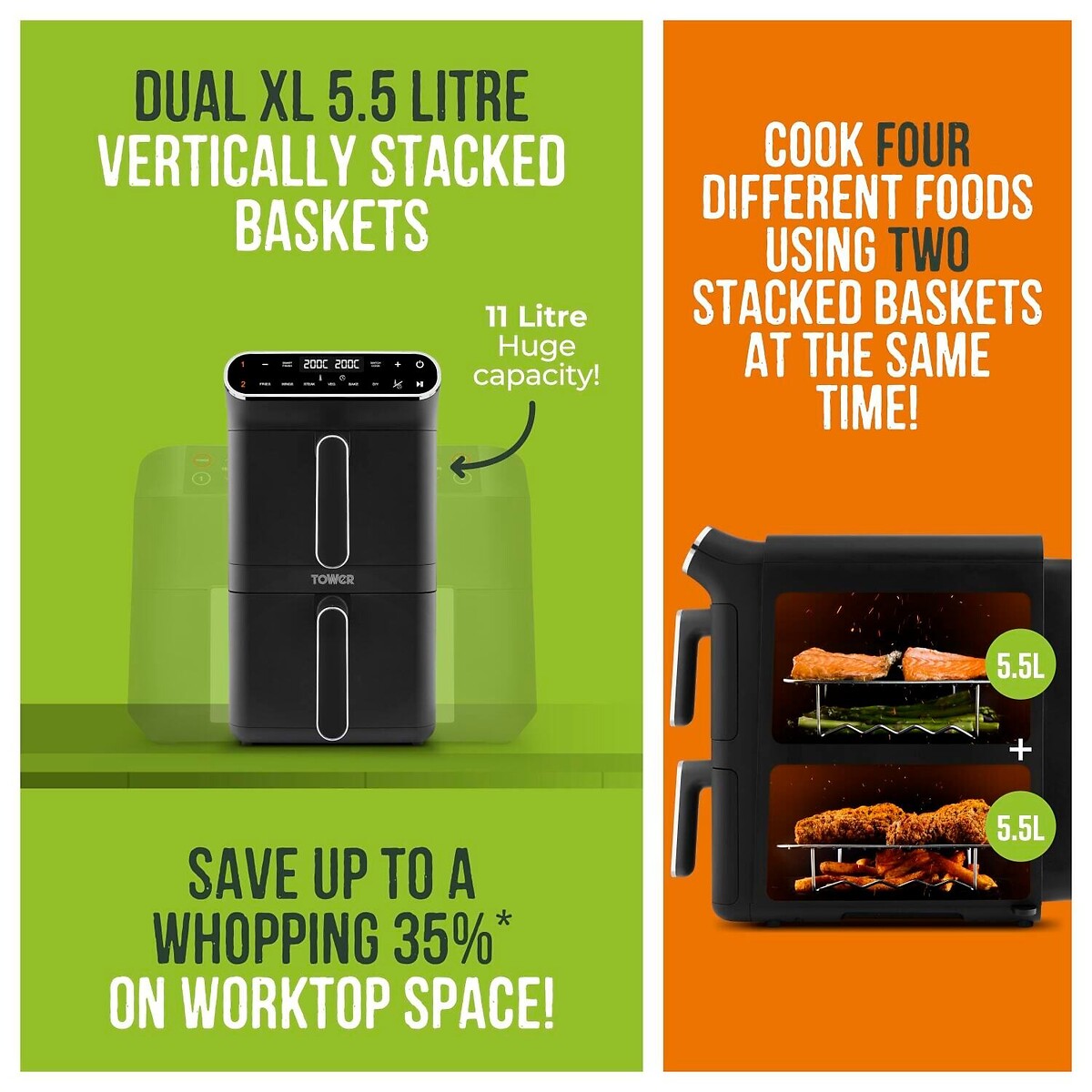Vortx 11L Dual Layer Air Fryer - T17190 black, TOWER
