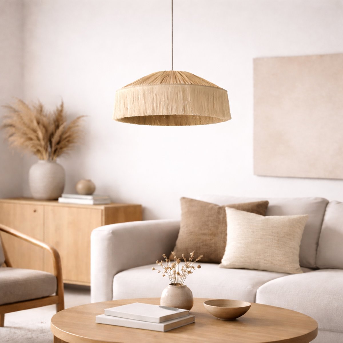 Abat-jour suspension en papier façon raphia et franges naturel, OPJET