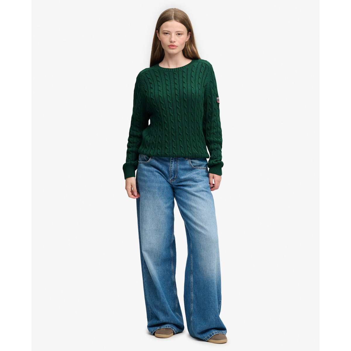 Pull en maille torsadée décontracté vert foncé, SUPERDRY