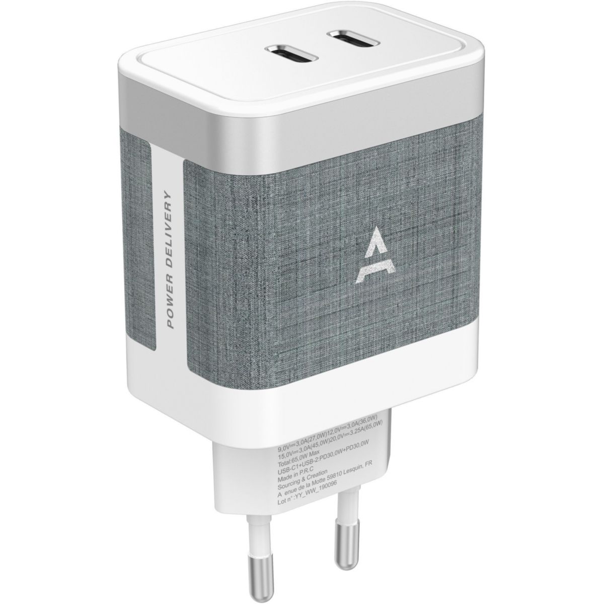 Chargeur ordinateur portable 65W charge rapide 2 USB-C blanc, ADEQWAT